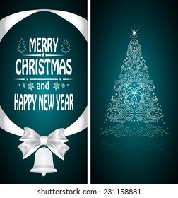 Christmas card with a Christmas tree with a bow, a ribbon and a Christmas bell. vector