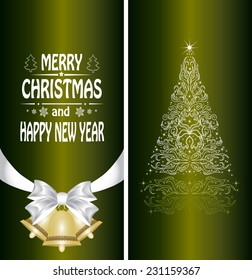 Christmas card with a Christmas tree with a bow, a ribbon and a Christmas bell. vector