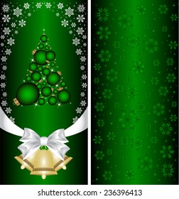 Christmas card with a Christmas tree with a bow, a ribbon and a Christmas bell. vector