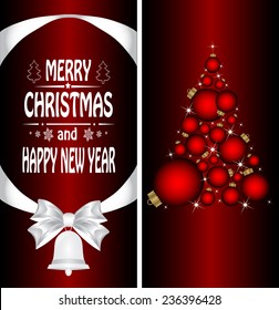 Christmas card with a Christmas tree with a bow, a ribbon and a Christmas bell. vector