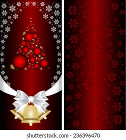 Christmas card with a Christmas tree with a bow, a ribbon and a Christmas bell. vector