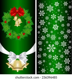 Christmas card with a Christmas tree with a bow, a ribbon and a Christmas bell. vector