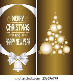 Christmas card with a Christmas tree with a bow, a ribbon and a Christmas bell. vector