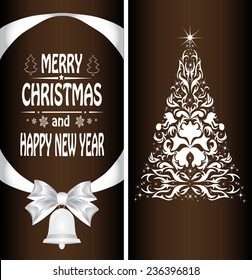 Christmas card with a Christmas tree with a bow, a ribbon and a Christmas bell. vector
