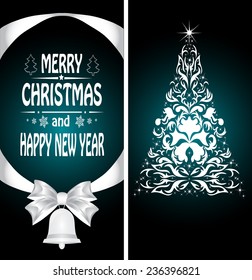 Christmas card with a Christmas tree with a bow, a ribbon and a Christmas bell. vector