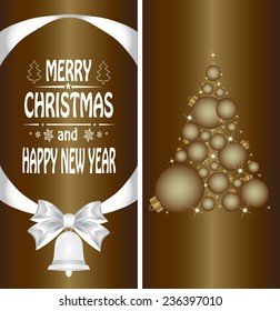 Christmas card with a Christmas tree with a bow, a ribbon and a Christmas bell. vector
