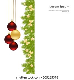 Christmas card with Christmas tree branches and balls. Vector illustration