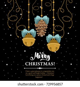 Christmas card with Christmas tree branches and Christmas decorations. Congratulatory inscriptions. Vector illustration.