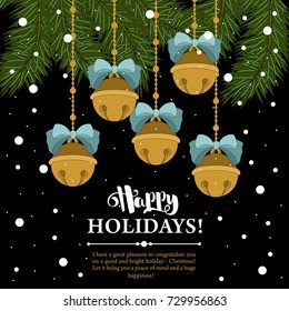 Christmas card with Christmas tree branches and Christmas decorations. Congratulatory inscriptions. Vector illustration.