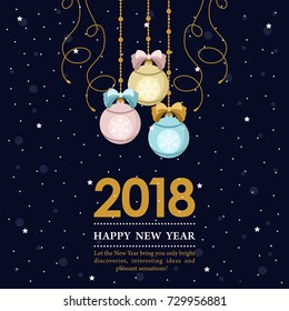 Christmas card with Christmas tree branches and Christmas decorations. Congratulatory inscriptions. Vector illustration.