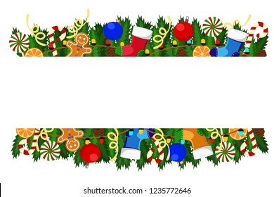 Christmas card with Christmas tree branches, gingerbread, candy and socks for gifts.