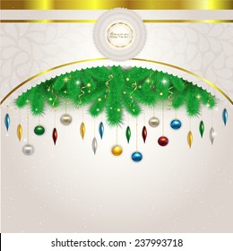 Christmas card with tree branches and toys. Festive vector illustration of Christmas toys, Christmas card.