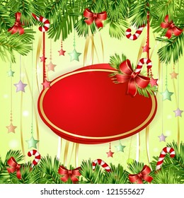 Christmas card with Christmas tree branches,bows and candy