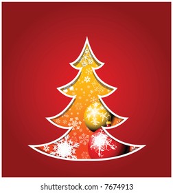 Christmas card - christmas tree with bulbs and snowflakes