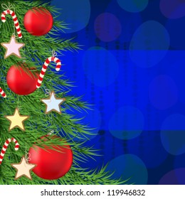 Christmas card with christmas tree and candies on dark blue background