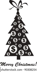 Christmas card. Christmas tree with coins instead of Christmas toys
