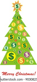 Christmas card. Christmas tree with coins instead of Christmas toys