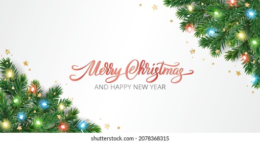 Christmas card with Christmas tree corner decoration and colorful lights. Hand drawn lettering. Realistic vector. For holiday headers, banners, party posters.