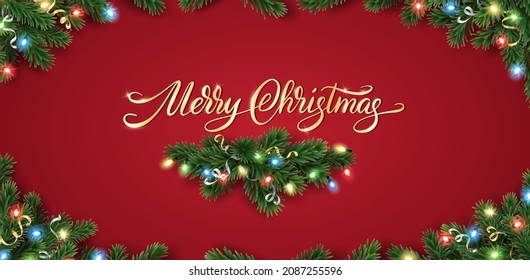 Christmas card with Christmas tree corner decoration and colorful lights. Hand drawn lettering. Realistic vector. For holiday headers, banners, party posters.