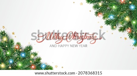 Christmas card with Christmas tree corner decoration and colorful lights. Hand drawn lettering. Realistic vector. For holiday headers, banners, party posters.
