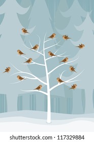 Christmas card with a tree covered with birds, vector