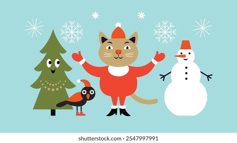 Christmas Card, Christmas Tree with cute face, eyes and smile , cute cat, a snowman and little bird