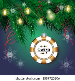 Christmas card. Christmas tree decorated with the casino chip, ribbons and lanterns. Background with the snowflakes.