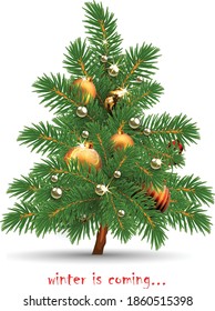 Christmas card. Christmas tree decorated with shiny balls on a white background. Highly realistic illustration.