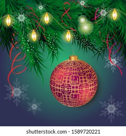 Christmas card. Christmas tree decorated with the toys, ribbons and lanterns. Background with the snowflakes.