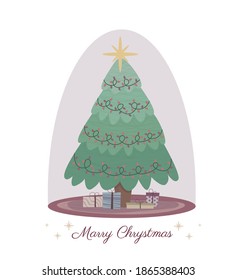 
Christmas card. The Christmas tree is decorated with toys. Gifts under the Christmas tree.