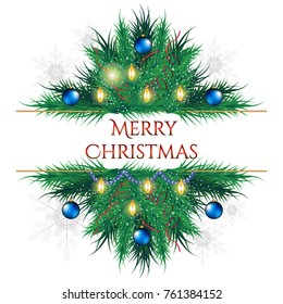 Christmas card. Christmas tree decorated with the toys, ribbons and lanterns. Background with the snowflakes.