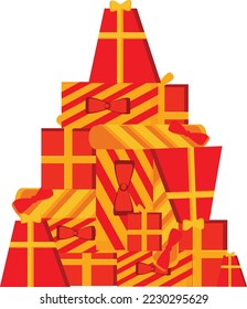 Christmas card with christmas tree decoration in winter snow, christmas tree made of present, christmas present