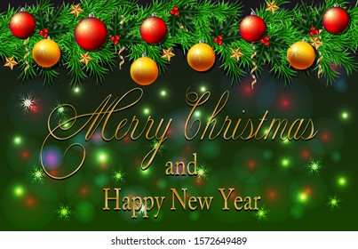 Christmas card with Christmas tree and Christmas decorations on green background