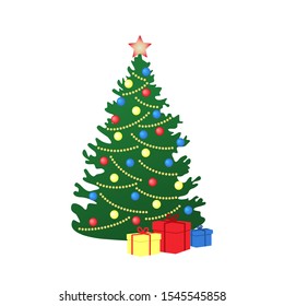 Christmas card. Christmas tree with Christmas decorations. Star, toys, balls, gifts