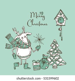 Christmas card with Christmas tree, deer, Christmas decorations and present. Hand drawn 
