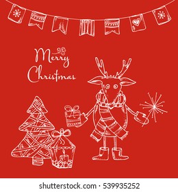 Christmas card with Christmas tree, deer, decorations and present. Hand drawn.