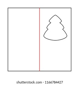 Christmas card with tree empty template die cut. Vector black isolated circuit christmas card. Die line christmas tree. Blank white christmas card mock up for print and cut.