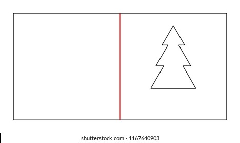 Christmas card with tree empty template die cut. Vector black isolated circuit christmas card. Die line christmas tree. Blank white christmas card mock up for print and cut.