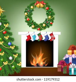 Christmas card with tree, fire place, socks, gifts and garland