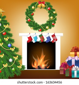 Christmas Card With Tree, Fire Place, Socks, Gifts And Garland 