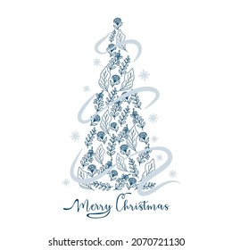 Christmas card with a Christmas tree. Flat style vector illustration. Christmas tree made of tree branches with berries and leaves.