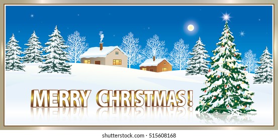 Christmas card with a Christmas tree in a frame on the background of nature