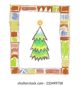 Christmas card with Christmas tree and frame,hand draw