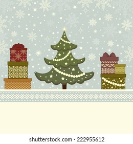 Christmas card with Christmas tree and gift boxes and place for text