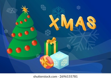 Christmas card with a tree, gift boxes, and snowflakes. Isometric vector