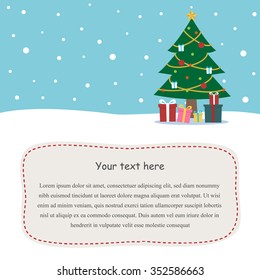 Christmas card, a Christmas tree and gift boxes with snow background. 