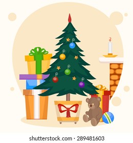 Christmas card with Christmas tree and gifts. Cartoon design. Vector illustration.