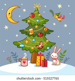 Christmas card with Christmas tree and gifts. Cute vector illustration on a Christmas theme in children's style.