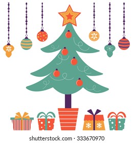 Christmas card with Christmas tree and gifts. Vector illustration