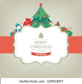 Christmas card with Christmas Tree and Gifts. Vector illustration